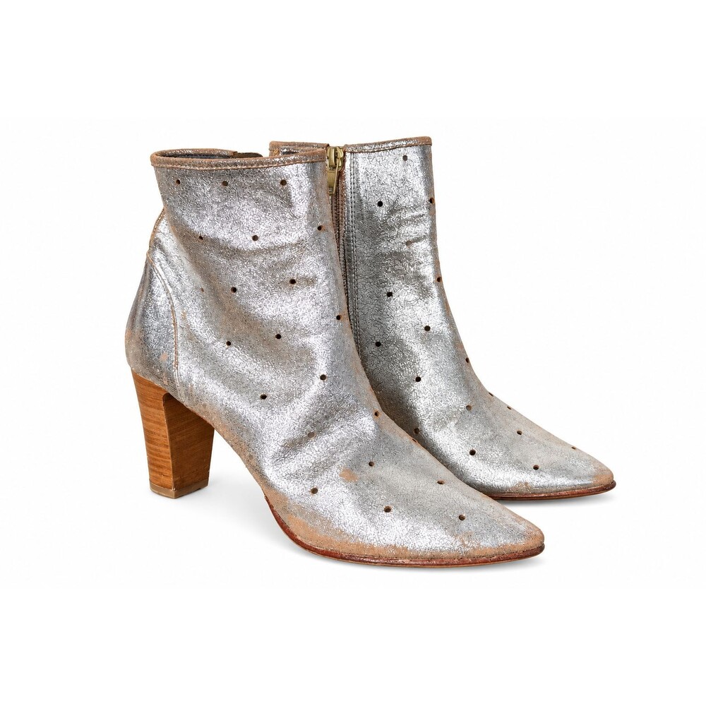 Boden Silver Metallic Leather Ankle Boots Women 40 Pointed Toe Western Boho